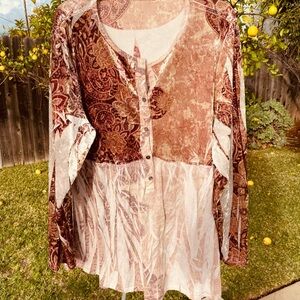 CASUAL FREEDOM BOHO HENLEY TUNIC TOP BROWN CREAM PRINT 3XL